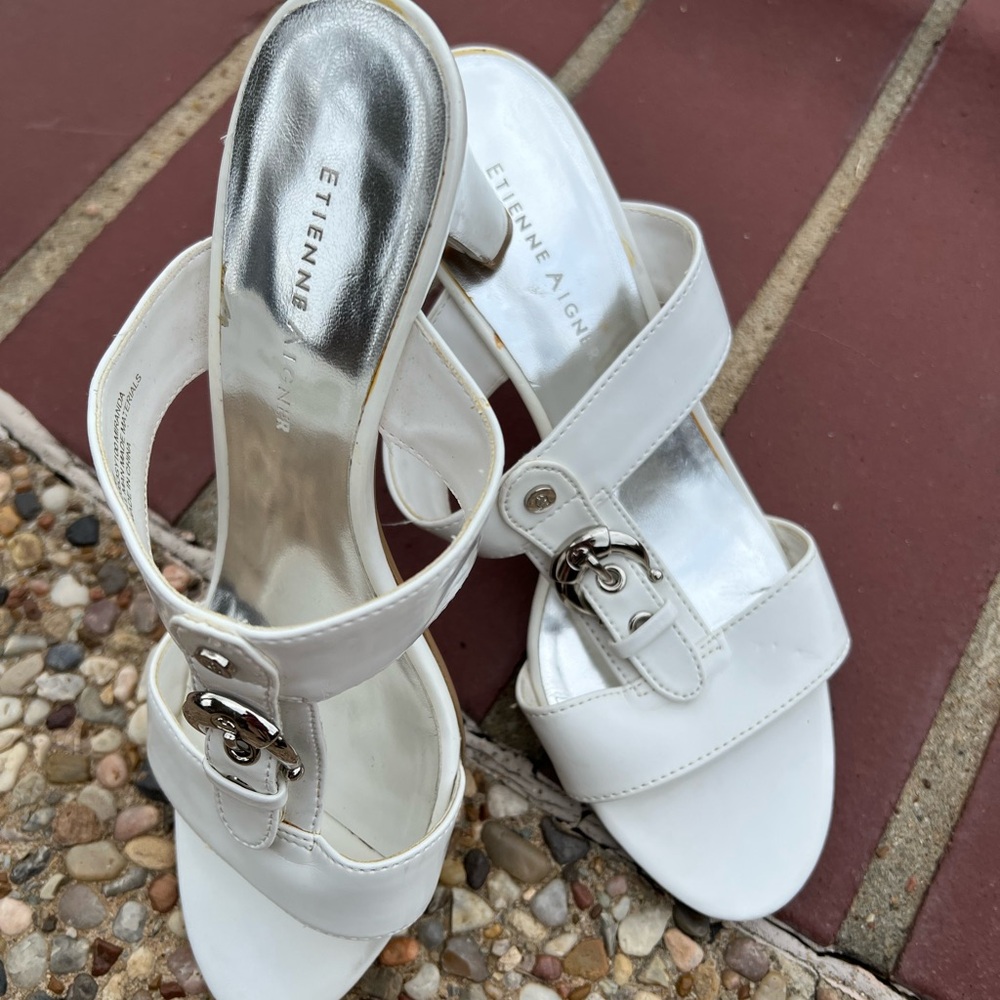 Etienne Aigner White Satin Heels with Ankle Strap